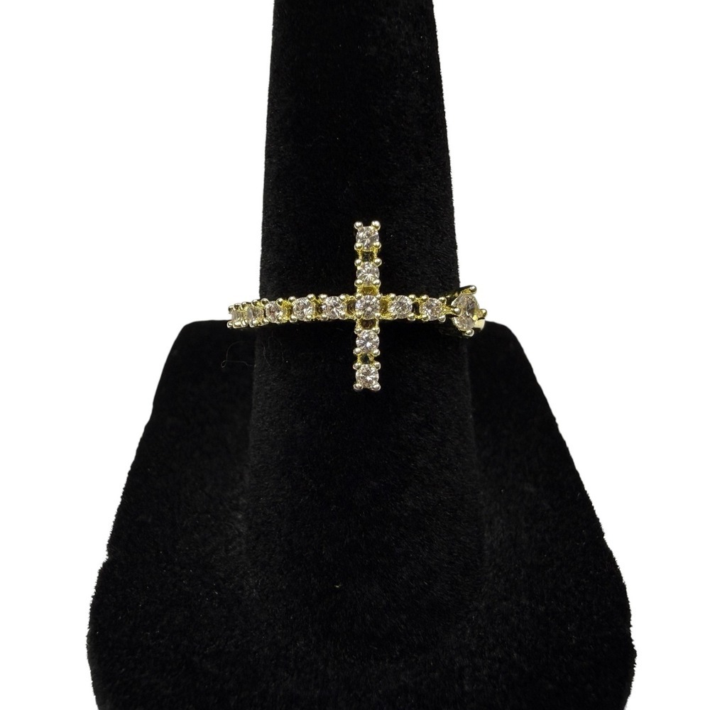 Gold Tone Pave Crystal Rhinestone Cross Ring Religious Statement Jewelry Sz 6